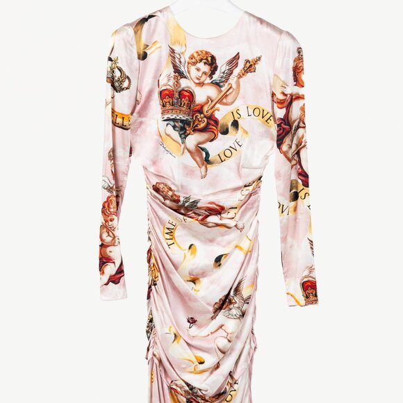 Dolce & Gabbana SS18 Pink Silk-Satin Cherub-Print Midi Dress - Picture 2 of 10